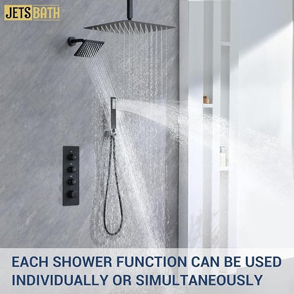 16" Thermostatic Dual Rainfall Head Matte Black Shower System | Ceiling Mounted Full Body Shower Faucet Set with Thermostatic Valve for Couples/ 2-Person，16“+6”Shower Head & handheld