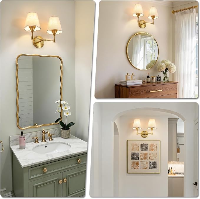 Gold Bathroom Vanity Light Fixtures: Brushed Gold Vanity Lights Over Mirror with Flared Fabric Shade, Modern Bathroom Lighting Fixtures, 2 Light Wall Sconces Lighting for Bedroom Hallway Living Room