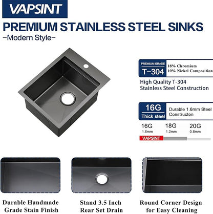 VAPSINT 15x20 Inch Black Drop In Bar Sink Workstation, 15x20x9 Inch Topmount T304 Stainless Steel Small Kitchen Bar Sink, Handmade Gunmetal Single Bowl for Wet Prep RV Outdoor with Accessories