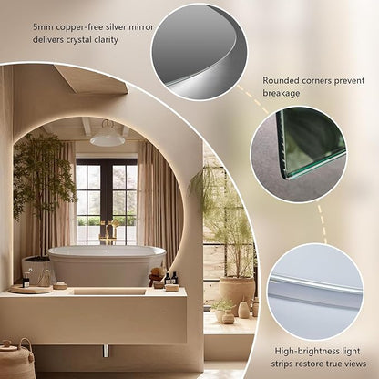 40" Half Moon LED Bathroom Mirror, Backlit Wall Mirror with Lights | Frameless Vanity Mirror with 3 Color Dimmable, Anti Fog, HD Shatter-Proof, IP65 Waterproof, Memory, CRI95+, Right/Left Cut