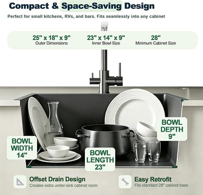 25x18x9 Inch Kitchen Sink, 304 Black Stainless Steel Sink | Centre-Offset Drain, Pre-Drilled Holes, R10 Tight Corner, Drop in Kitchen Sink with Strainer & Bottom Grid