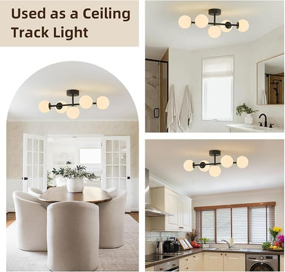 Modern Bathroom Vanity Light Fixtures,LED Matte Black Wall Sconce Lighting | 5 Lights Milk Glass Globe Vanity Light, Makeup Bathroom Vanity Lights,Dimmable Brass Mid Century Wall Sconces over Mirror