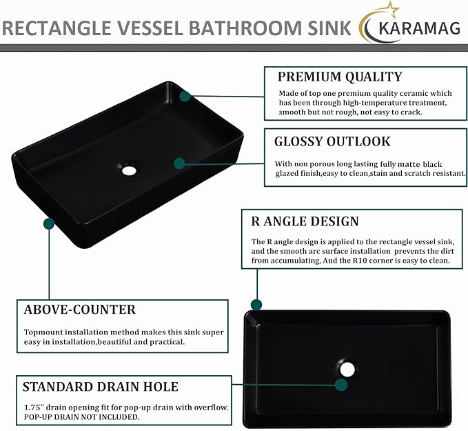 Black Vessel Sink Rectangle 24"x14" Bathroom Sink Above Counter Porcelain Ceramic Small Sink Bowl Ceramic Vessel Sinks for Bathrooms