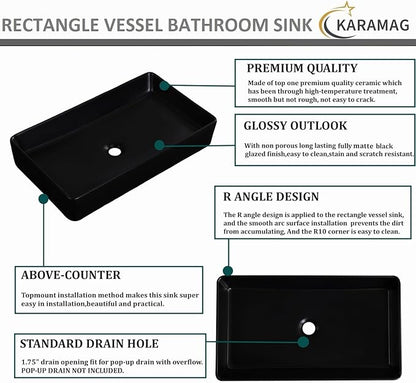 Black Vessel Sink Rectangle 24"x14" Bathroom Sink Above Counter Porcelain Ceramic Small Sink Bowl Ceramic Vessel Sinks for Bathrooms