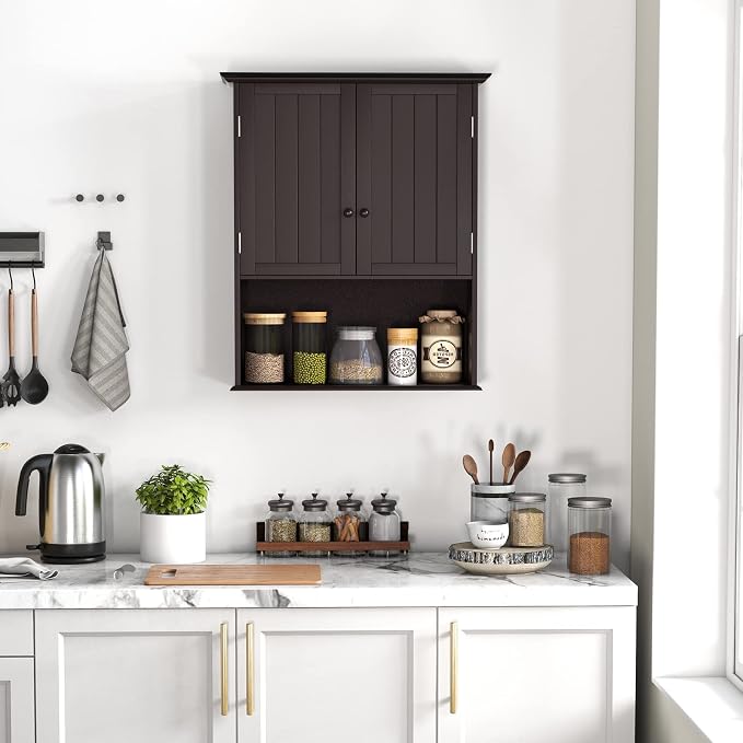 COSTWAY Wall Mounted Bathroom Cabinet, Over The Toilet Storage Cabinet w/Double Doors & Adjustable Shelf, Wood Hanging Medicine Cabinet for Living Room, Entryway, Kitchen (Brown) | Double Doors & Adjustable Shelf, Wood Hanging Medicine Cabinet for Livi...