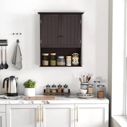 COSTWAY Wall Mounted Bathroom Cabinet, Over The Toilet Storage Cabinet w/Double Doors & Adjustable Shelf, Wood Hanging Medicine Cabinet for Living Room, Entryway, Kitchen (Brown) | Double Doors & Adjustable Shelf, Wood Hanging Medicine Cabinet for Livi...