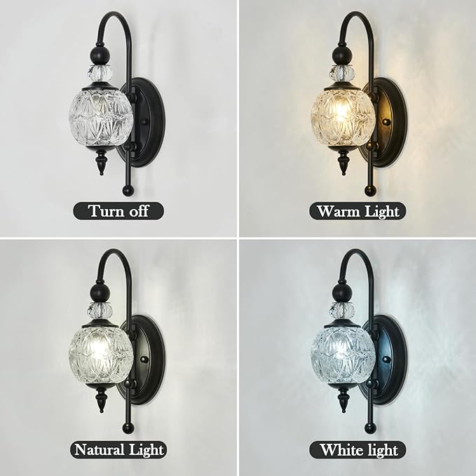 Vintage Black Wall Sconce with Glass Globe Shade Mid Century G9 Bulb Wall Light Indoor Wall Lamp for Bathroom Farmhouse Bedroom Living Room Hallway