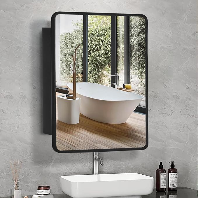Movo Black Metal Framed Bathroom Mirror Medicine Cabinet,30 Inch x 24 Inch Recessed Wall Mounted Medicine Cabinet with Mirror,Aluminum Storage Cabinet for Bathroom Vanity