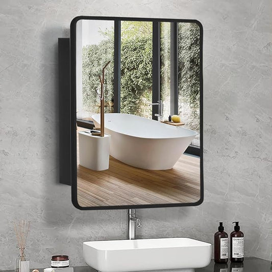 Movo Black Metal Framed Bathroom Mirror Medicine Cabinet,30 Inch x 24 Inch Recessed Wall Mounted Medicine Cabinet with Mirror,Aluminum Storage Cabinet for Bathroom Vanity