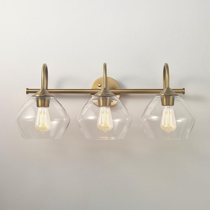 Globe Electric 63000103 26" 3-Light Vanity Fixture, Brass Finish, Clear Glass Shades, Beauty Room Accessories, Bathroom Lighting Over Mirror, Makeup Lights, Wall Light, Home Essentials, House Décor