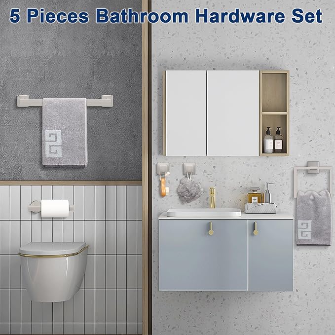 NearMoon 5 Pieces Bathroom Hardware Set 304 Stainless Steel - Square Towel Rack Set Include 16" Towel Rod + Towel Ring + Toilet Paper Holder + 2 Robe Towel Hooks Bathroom Accessories (Chrome Finish)