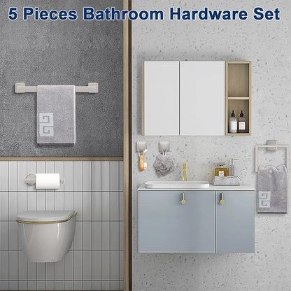 NearMoon 5 Pieces Bathroom Hardware Set 304 Stainless Steel - Square Towel Rack Set Include 16" Towel Rod + Towel Ring + Toilet Paper Holder + 2 Robe Towel Hooks Bathroom Accessories (Chrome Finish)
