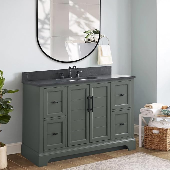 Vanity Art 48 Inch Single Sink Bathroom Vanity with Ceramic Sink and Stone Top | Undermount Rectangular Sink Cabinet Soft Closing Doors, Dovetailed Drawers, No Mirror VA5048-VG