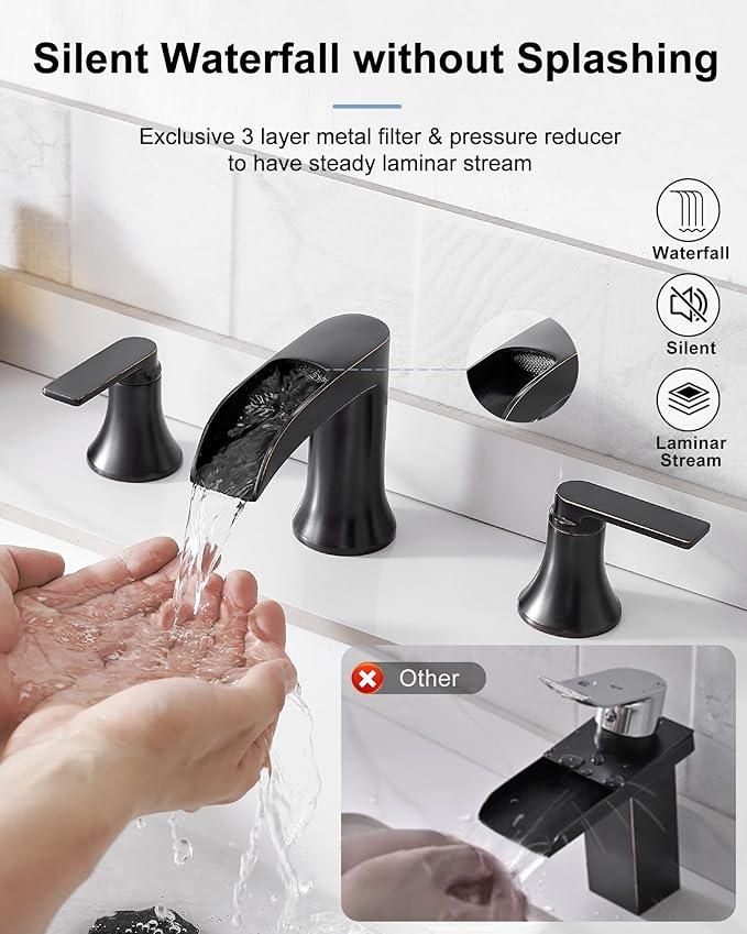 Oil Rubbed Bronze Widespread Waterfall Bathroom Sink Faucet 3 Hole, 4-8 Inch Brass Farmhouse Bathroom Faucets with Pop-up Drain and Supply Lines, 2 Handle for Vanity, Lavatory, Restroom