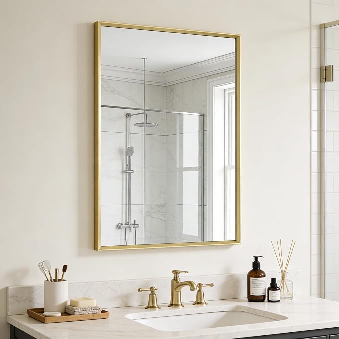 Bathroom Mirror for Wall, 36x24 Inch Framed Vanity Mirror Brushed Gold | Rectanglar Metal Beveld Framed Mirror for Over Sink, Tempered Glass, Anti-Rust, Hangs Horizontally or Vertically