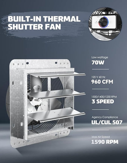 iLIVING 12" Wall Mounted Shutter Exhaust Thermostat Control-3 Speeds Vent Fan For Home Attic, Shed, or Garage Ventilation, 960 CFM, 1200 SQF Coverage Area, Variable, Silver