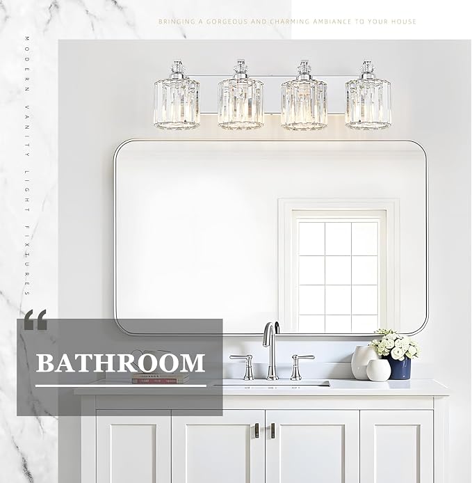 4-Light Modern Bathroom Light Fixture Chrome Vanity Lights Over Mirror Wall Sconce Lighting with K9 Crystal Shades Bathroom Wall Lamp E26 Base for Bedroom, Living Room, Hallway, Cabinet