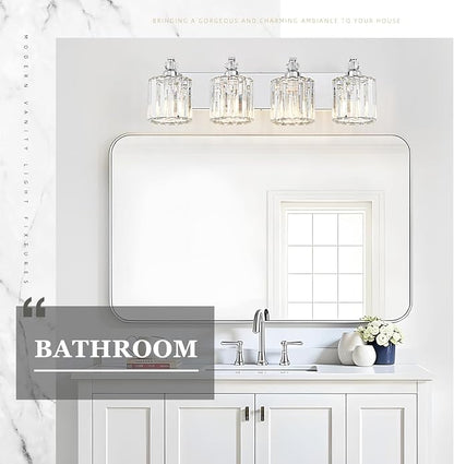 4-Light Modern Bathroom Light Fixture Chrome Vanity Lights Over Mirror Wall Sconce Lighting with K9 Crystal Shades Bathroom Wall Lamp E26 Base for Bedroom, Living Room, Hallway, Cabinet
