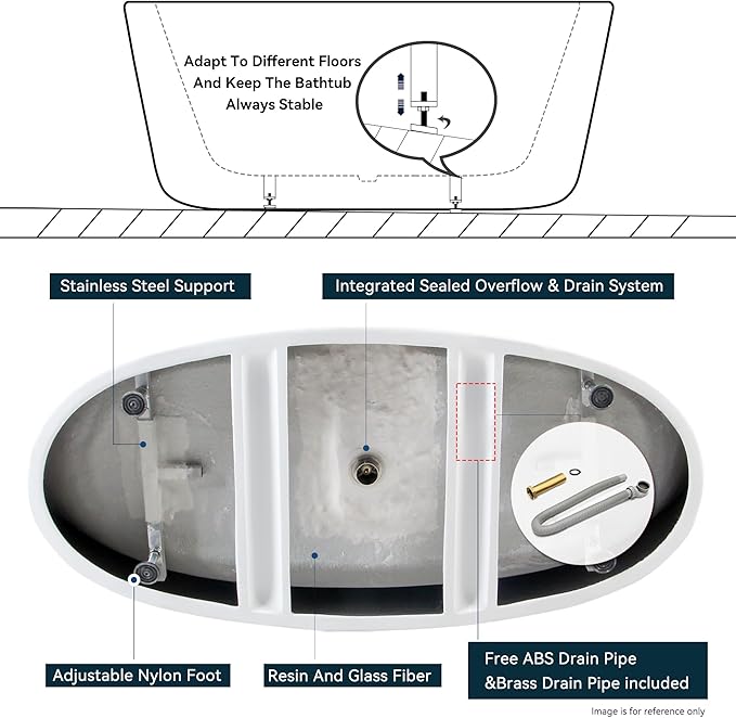 FerdY Tahiti 67" Freestanding Bathtub Elegant Oval Shape, Glossy White Double Walled Insulation bathtub with Center Brushed Gold Drain & Minimalist Linear Design Overflow, cUPC Certified