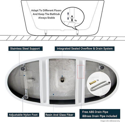 FerdY Tahiti 67" Freestanding Bathtub Elegant Oval Shape, Glossy White Double Walled Insulation bathtub with Center Brushed Gold Drain & Minimalist Linear Design Overflow, cUPC Certified