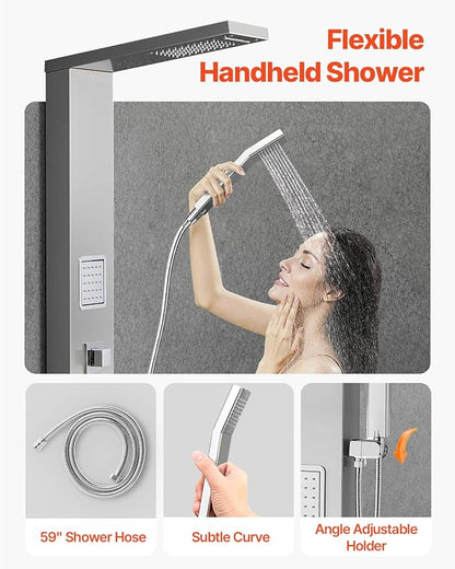 VEVOR Shower Panel Tower System with Rainfall Waterfall Shower Head, 53 in Brushed Stainless Steel Shower Column, 5-Function Faucet, Wall-Mount Rain Massage System with 2 Body Jet, Handheld, Tub Spout