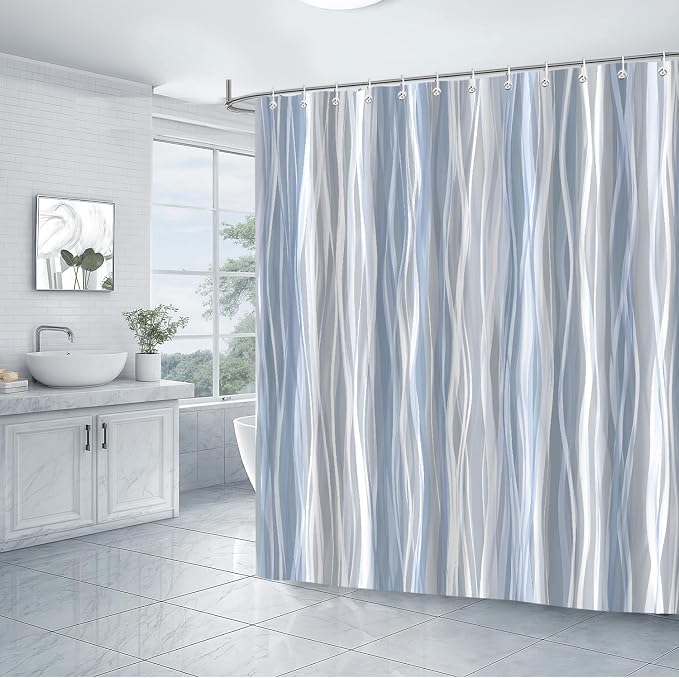 Moonslim Blue Grey Ombre Shower Curtain, Modern Wavy Abstract Striped Line Bathroom Curtain, Waterproof Fabric Bath Decor, 72 x 72 Inch