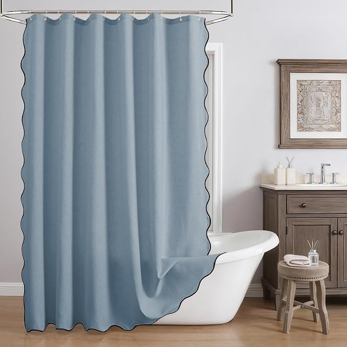 Linen Scallop Shower Curtain with 12 Hooks, Waterproof, 72x72, Fog Blue | Waterproof Heavy Duty Thick Fabric with Black Border, Minimalist Neutral Boho Farmhouse Bathroom Décor