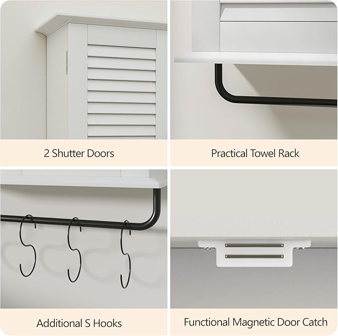 Bathroom Wall Cabinet, Over the Toilet Storage Cabinet, Wooden Wall Cabinet with 2 Doors & Hooks, White Wall Mounted Cabinet, Medicine Cabinet Organizer, Over Toilet Livingroom Kichen