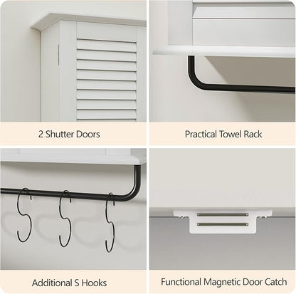 Bathroom Wall Cabinet, Over the Toilet Storage Cabinet, Wooden Wall Cabinet with 2 Doors & Hooks, White Wall Mounted Cabinet, Medicine Cabinet Organizer, Over Toilet Livingroom Kichen