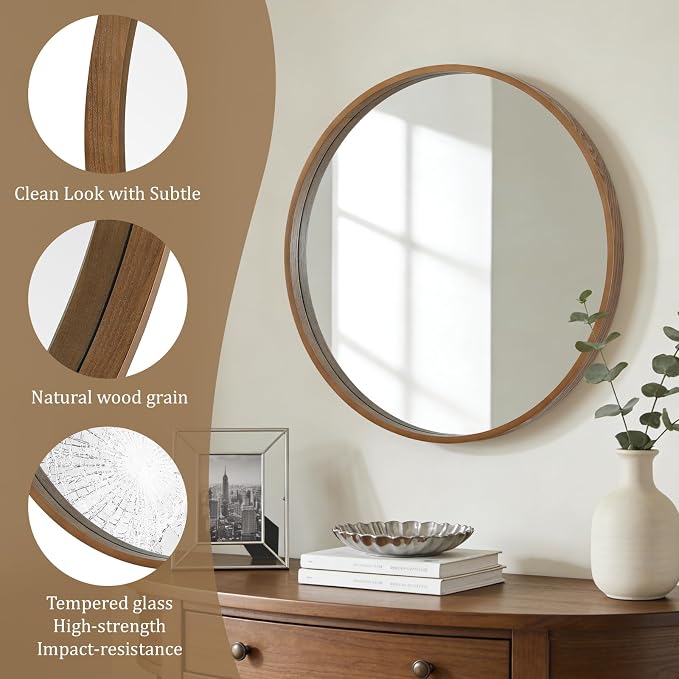 Circle Mirror with Wood Frame, 28" Round Modern Decoration Large Home Decor Mirror for Bathroom Living Room Bedroom Entryway (28" Diameter, Walnut)