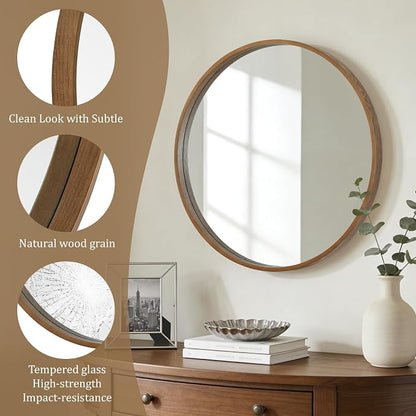 Circle Mirror with Wood Frame, 28" Round Modern Decoration Large Home Decor Mirror for Bathroom Living Room Bedroom Entryway (28" Diameter, Walnut)
