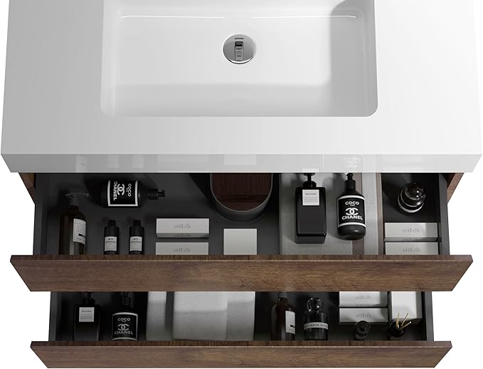 30" Floating Bathroom Vanity with Sink, Modern Bathroom Cabinet with Top and Soft Close Drawers, Spacious Storage for Small Space, Walnut - Lavanda Collection