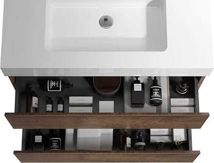 30" Floating Bathroom Vanity with Sink, Modern Bathroom Cabinet with Top and Soft Close Drawers, Spacious Storage for Small Space, Walnut - Lavanda Collection