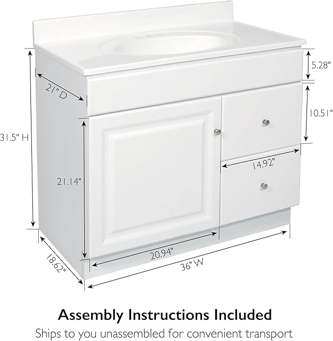 Design House Wyndham Bathroom Vanity, Solid Wood Construction, 1-Door, 2 Drawers, for 25-in. x 19-in. Vanity Tops, Easy-to-Assemble, White, 30.0 in. W x 18.0 in. L x 30.0 in. H, 597203