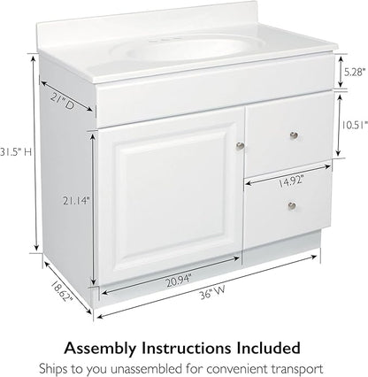 Design House Wyndham Bathroom Vanity, Solid Wood Construction, 1-Door, 2 Drawers, for 25-in. x 19-in. Vanity Tops, Easy-to-Assemble, White, 30.0 in. W x 18.0 in. L x 30.0 in. H, 597203