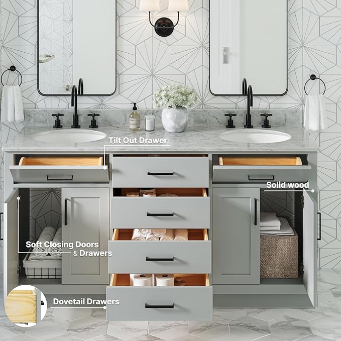 ARIEL Hepburn 66-inch Bathroom Vanity with Sink,Solid Wood, 0.75-inch Italian Carrara Marble Countertop & Backsplash, Double Oval Porcelain Sink, 4 Soft Closing Doors, 6 Dovetail Drawers, Grey