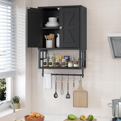 Farmhouse Medicine Cabinet - 3-Tier Wall Mounted Storage Organizer with Adjustable Shelves, Towel Bar, 5 Hooks for Small Bathroom, Laundry Room, Over Toilet, Living Room, Bedroom (Black)