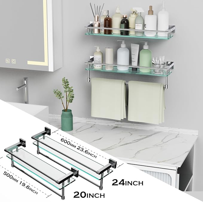 24 Inches Floating Glass Shelves for Wall with Towel Bar/Track, SUS 304 Stainless Steel Railing Tempered Glass Shelf, for Toilet, Room Decor Modern (Chrome Polished, 24-inch)