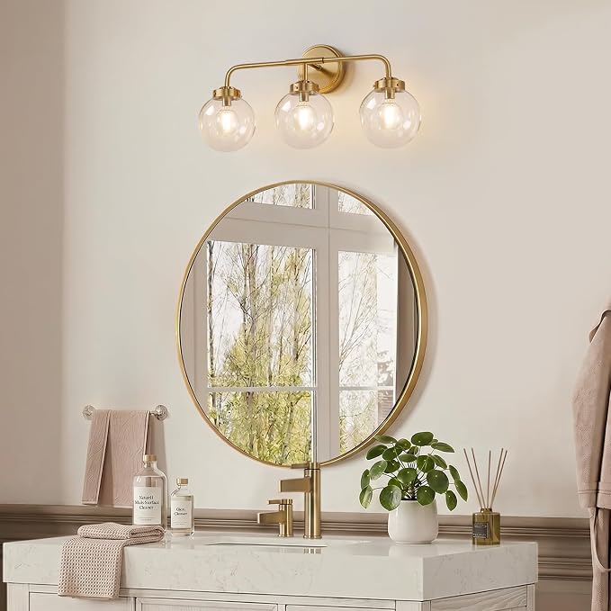 Modern Brushed Gold Vanity Lights for Bathroom, Mid Century 3 Light Bathroom Vanity Light with Globe Clear Glass Shade Over Mirror, Brass Wall Sconce for Bathroom Hallway Living Room Bedroom
