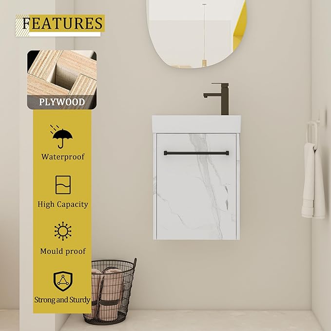KEIKI 16'' Bathroom Vanity Cabinet with Sink, Wall Mounted Floating Bathroom Vanity with Soft-Close Cabinet Door, for Small Bathroom, Carrara White