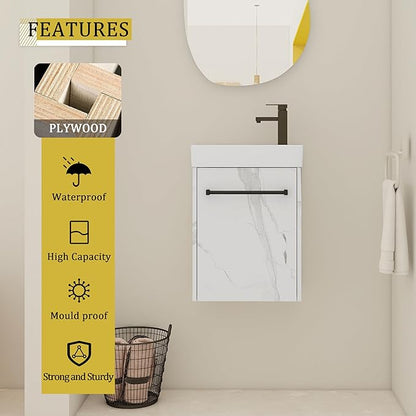 KEIKI 16'' Bathroom Vanity Cabinet with Sink, Wall Mounted Floating Bathroom Vanity with Soft-Close Cabinet Door, for Small Bathroom, Carrara White