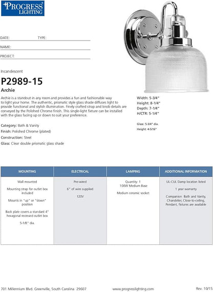Progress Lighting P2989-15 Archie Collection Clear Double Prismatic Glass Coastal Bath Vanity, 1-Light, Polished Chrome