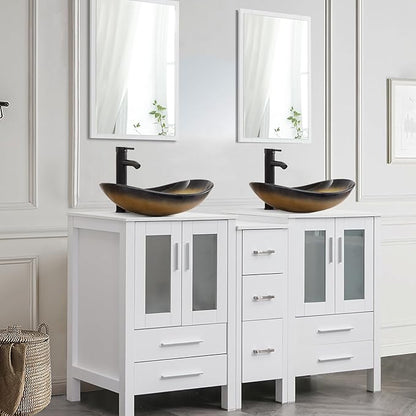 UEV 60" Double Sink Bathroom Vanity,White Bathroom Vanity with Double Side Vanity Cabinets & Removable 3 Drawer Storage Cabinet with Modern Vessel Sink,Mirror Not Included(029CH)