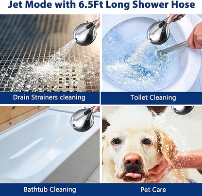 High Pressure 10 Setting Handheld Shower Head, 5" Detachable Showerhead Spray Built-in Power Wash to Clean Tub, Tile & Pets, 79" Extra Long Stainless Steel Hose, Adjustable Bracket - Chrome