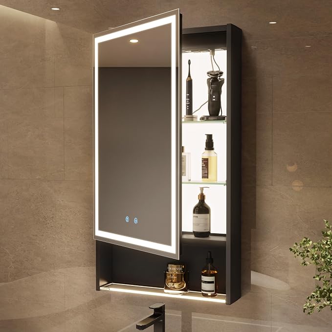 20"×34" Lighted Medicine Cabinet with Mirror Adjustable Brightness 3 Color Temperature Lighting Anti-Fog Sturdy Aluminum led Medicine Cabinet Mirror 2 Socket & 2 USB Ports & Adjustable Shelf