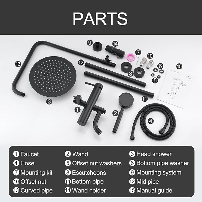 Matte Black Outdoor Shower Kit - SS304 Shower Head with Handheld, High Pressure, Complete Shower System with Enclosure and Fixtures