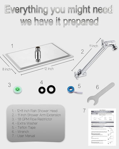 All Metal Rain Fixed Shower Head, 12 * 8'' High Pressure Rainfall Rectangle Showerhead with 11" Shower Head Extension Arm, Waterfall fixed Showerheads, Chrome