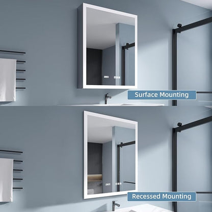 LED Medicine Cabinet 24x30 Anti-Fog Mirror Dimmable Recessed Mount | 3 Color Dimmable LED. Time Temp Display. Anti-Fog IP44. 2 Outlets+2 USB. Plug-in/Hardwired. Recessed/Wall Mount. Left Hinge
