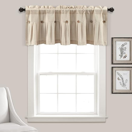 Lush Decor Linen Button Farmhouse Valance, 84" W x 18" L, Dark Linen - Kitchen Curtains Valances - Valances for Windows - Curtain Valance