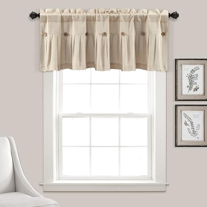 Lush Decor Linen Button Farmhouse Valance Curtians 52"W x 18"L Dark Linen - Linen Valances For Windows - Kitchen Curtains Valances - Bathroom Curtain